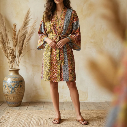 (Précommande) Kimono Court en Soie “Santi” Imprimé Patchwork Ethnique & Floral Jaune d’INDE