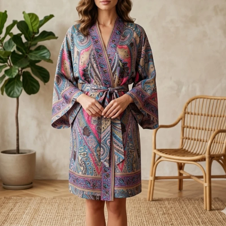 (Précommande) Kimono Court en Soie “Santi” Imprimé Cachemire Bleu & Violet d’INDE