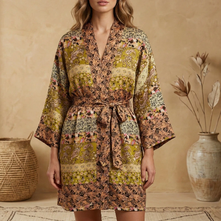 (Précommande) Kimono Court en Soie “Santi” Imprimé Patchwork Ethnique & Floral Ocre d’INDE