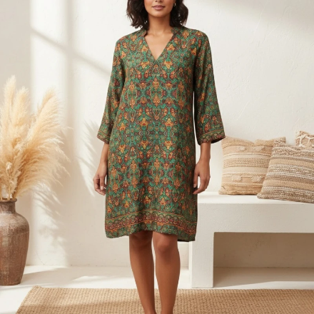 (Précommande) Robe Courte Bohème “Alya” Imprimé Floral Vert Émeraude & Ocre d’INDE