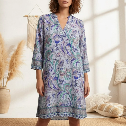 (Précommande) Robe Courte Bohème “Alya” Imprimé Floral & Cachemire Bleu d’INDE