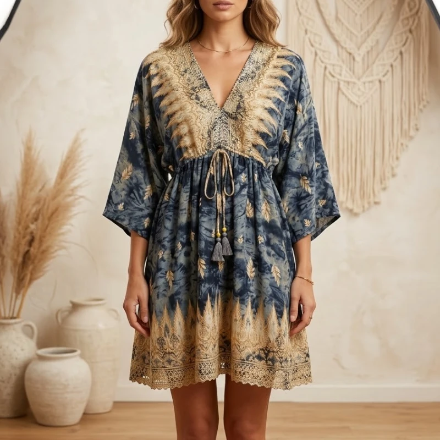 (Précommande) Robe Courte Bohème “Maya” Imprimé Plumes Célestes Bleu d’INDE