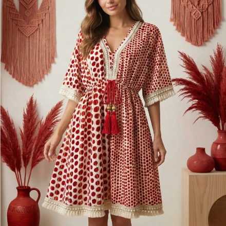 (Précommande) Robe Courte Bohème “Arya” Imprimé Pois Rouge Garance d’INDE