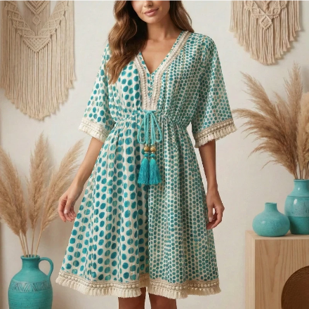 (Précommande) Robe Courte Bohème “Arya” Imprimé Pois Turquoise Lagon d’INDE