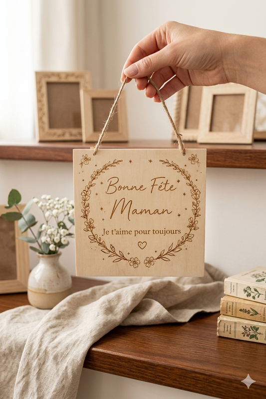 Plaque Décorative en Bois Gravée – "Bonne Fête Maman"