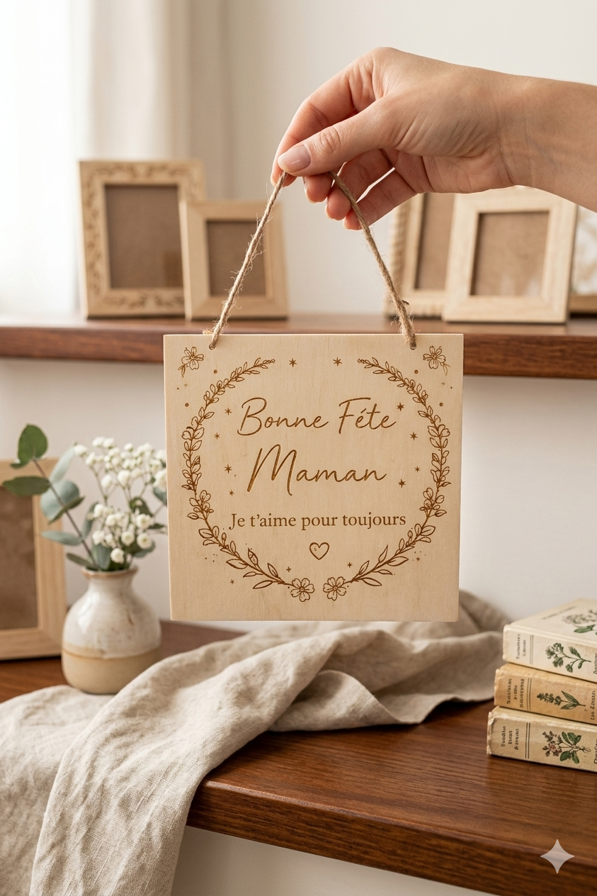 Plaque Décorative en Bois Gravée – "Bonne Fête Maman"
