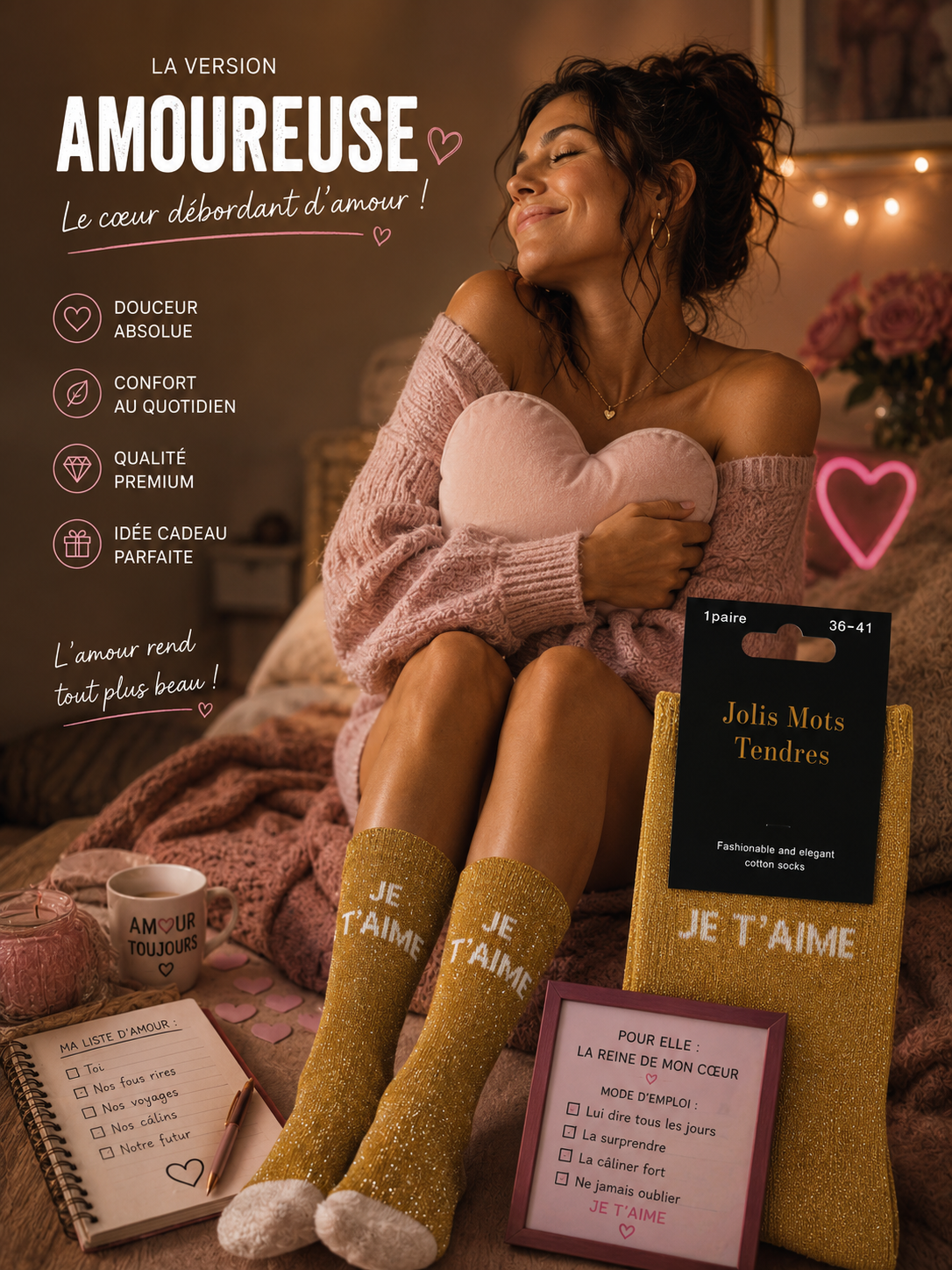 Chaussettes “Je t’aime” Or Pailletées – Jolis Mots Tendres
