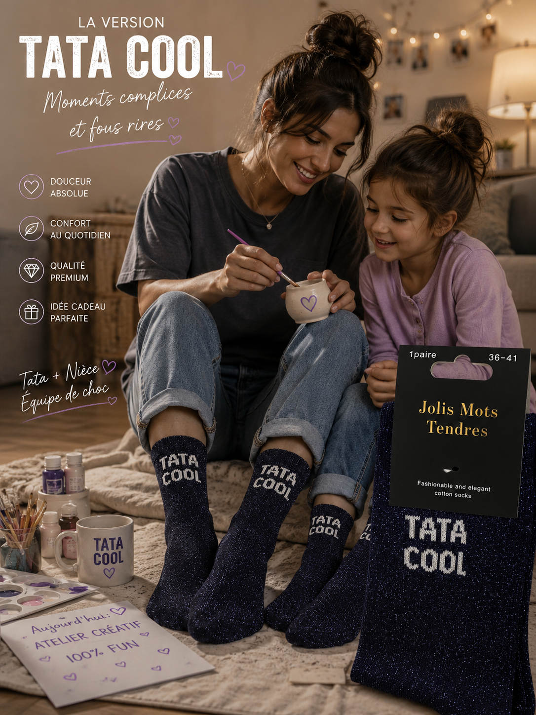 Chaussettes Fun "TATA COOL" Bleu Nuit - Jolis Mots Tendres