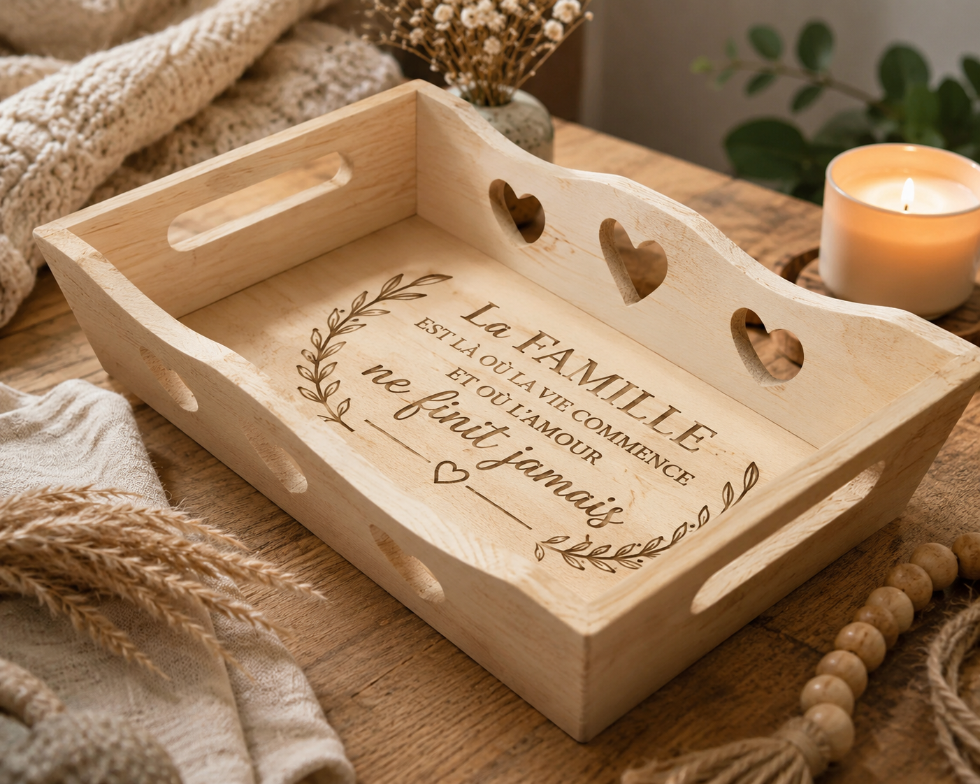 Plateau en bois avec coeur 22 x 13 x 5 cm (personnalisation au choix)