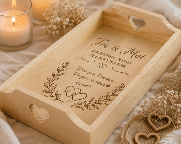 Plateau en bois avec coeur 22 x 13 x 3 cm (personnalisation au choix)