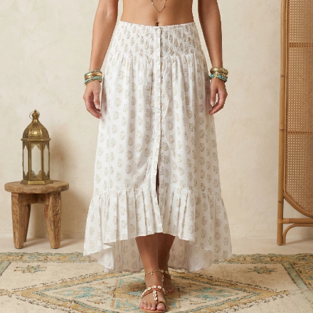 Jupe Longue Asymétrique “Boho-Blanc” – 100% Rayonne Fabriquée en Inde