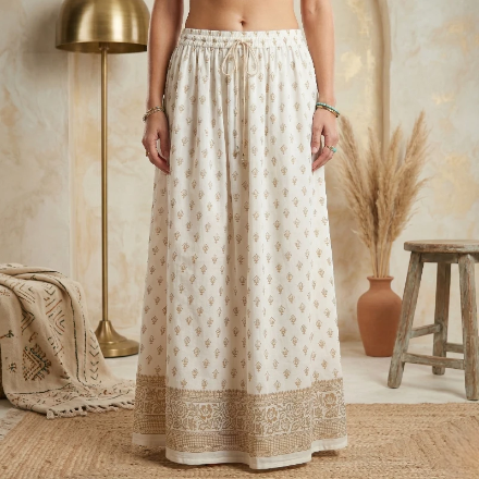 (Précommande) Jupe Longue Blanche & Dorée “Boho-Chic” – 100% Rayonne Fabriquée en Inde