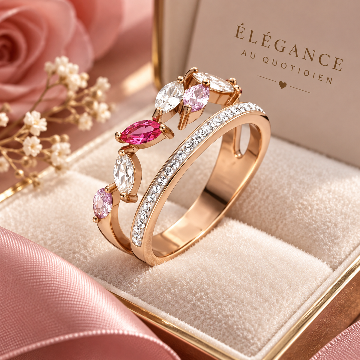 Bague en or rose avec pierres précieuses Victoria