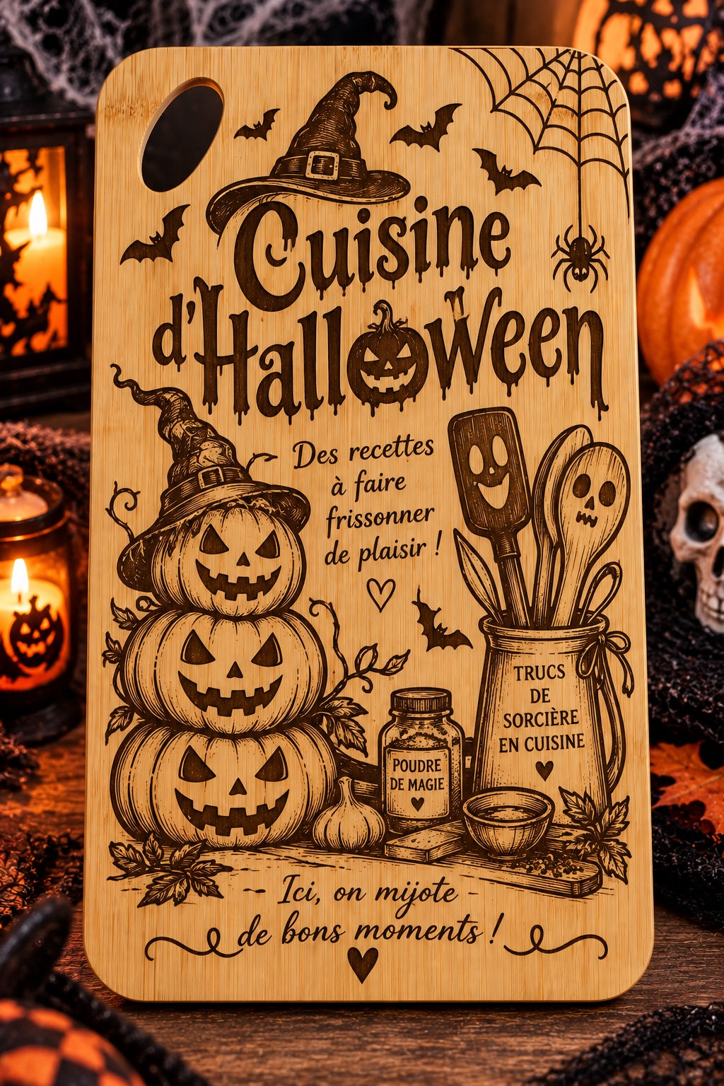Planche à découper en bambou gravée – “Cuisine d’Halloween” 🎃🕸️