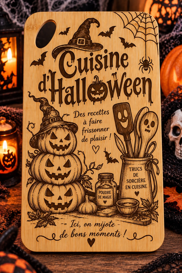 Planche à découper en bambou gravée – “Cuisine d’Halloween” 🎃🕸️