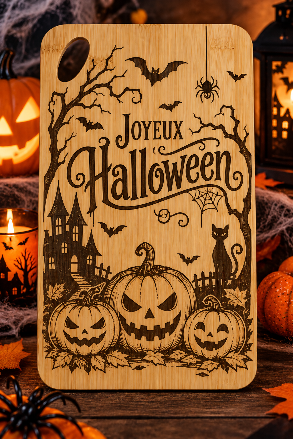 Planche à découper en bambou gravée – “Joyeux Halloween” 🎃🦇