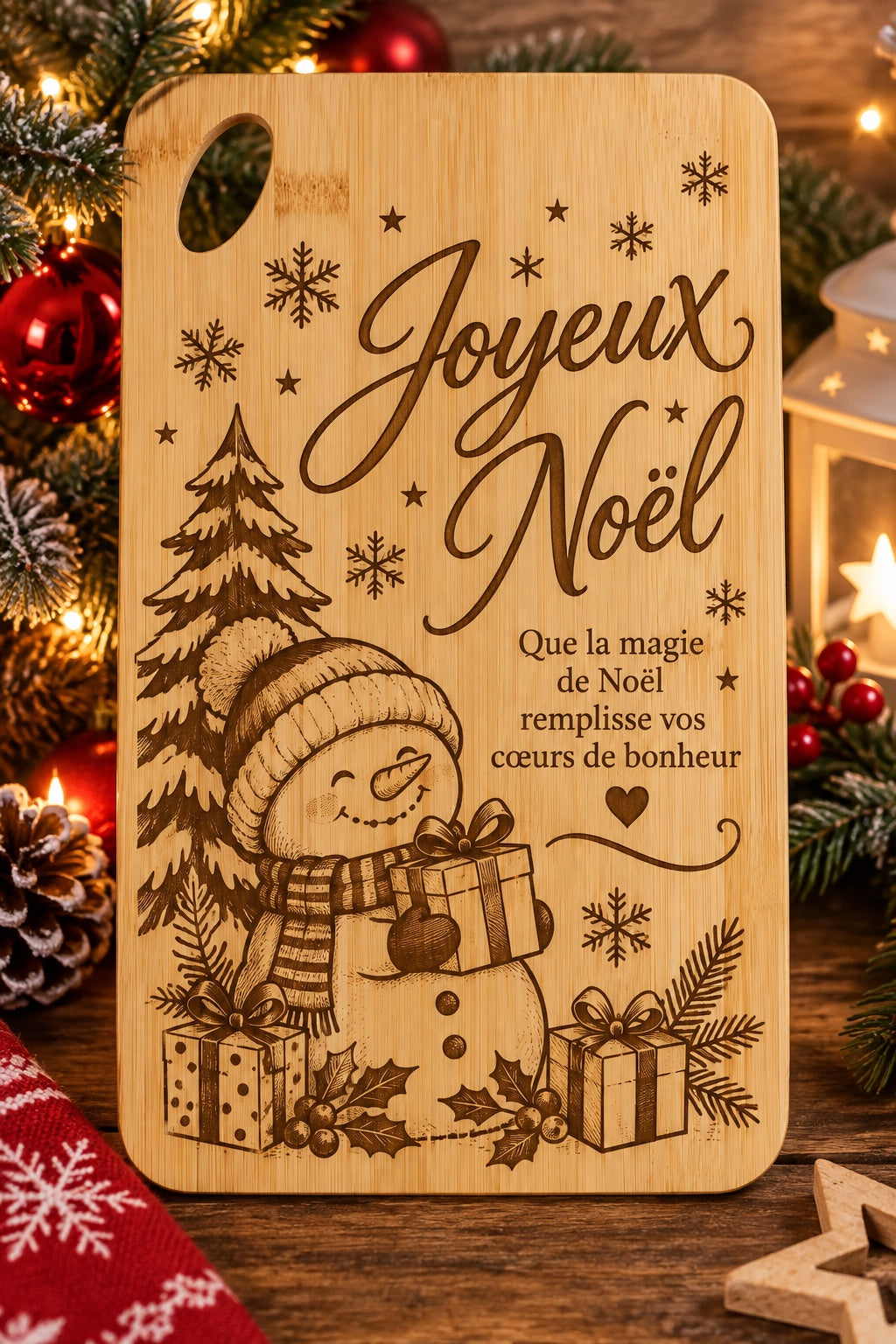 Planche à découper en bambou gravée – “Joyeux Noël” 🎄☃️