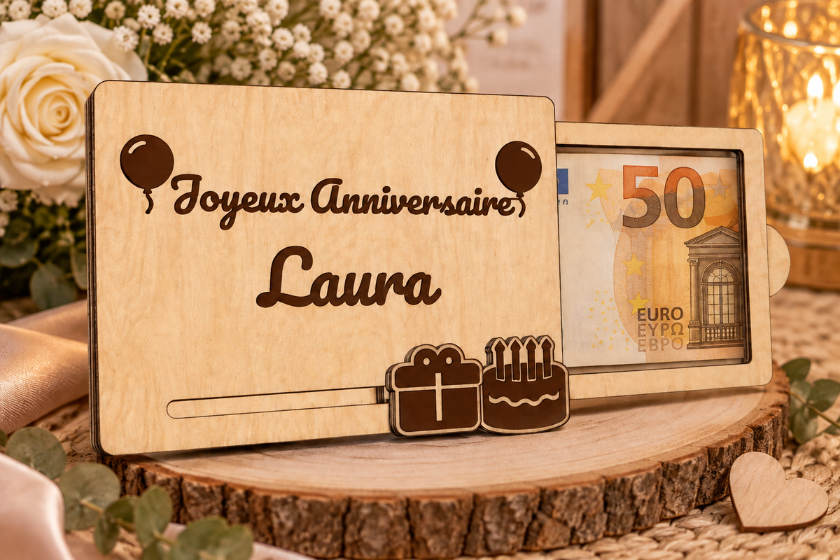 Boîte cadeau à billet en bois personnalisée