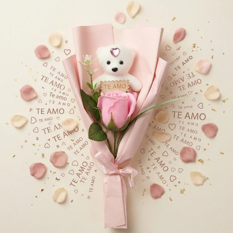 Bouquet "Duo de Tendresse" 30cm – Rose Éternelle & Ourson - Fête des Mères (couleur au choix)