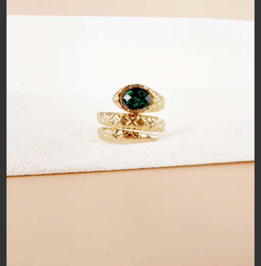Bague Ajustable "Serpent Royal" – Acier Inoxydable & Cristal Vert