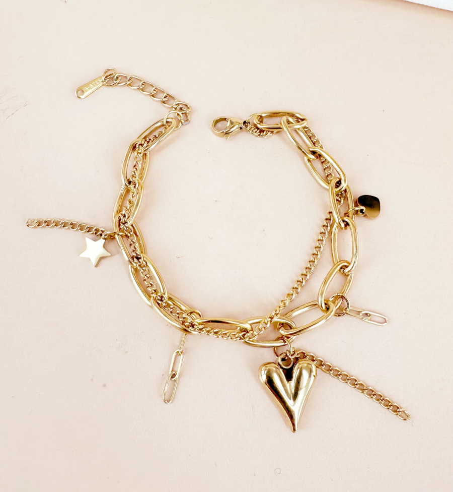 Bracelet multiple chaîne avec breloques cœur étoile en acier inoxydable