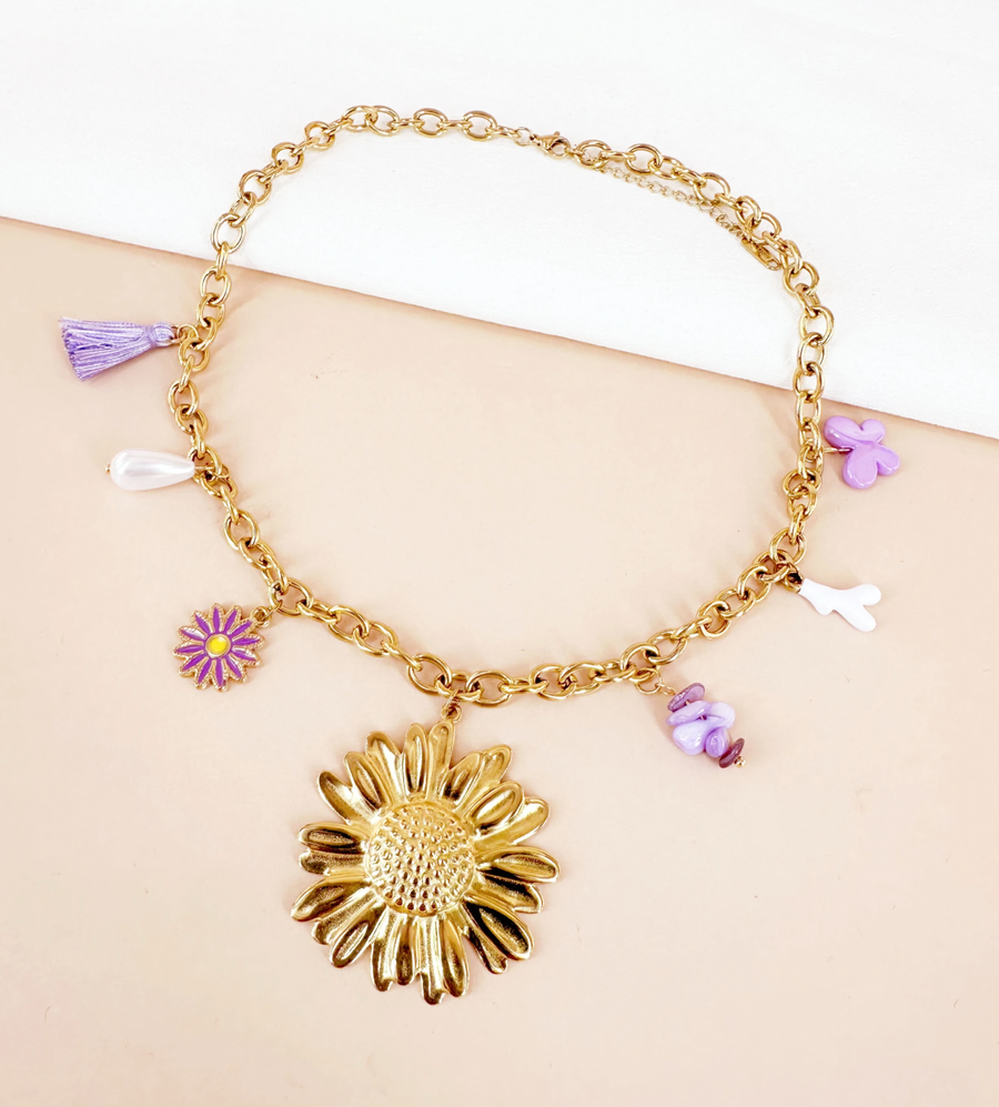 Collier médaillon fleur et charms lilas en acier inoxydable