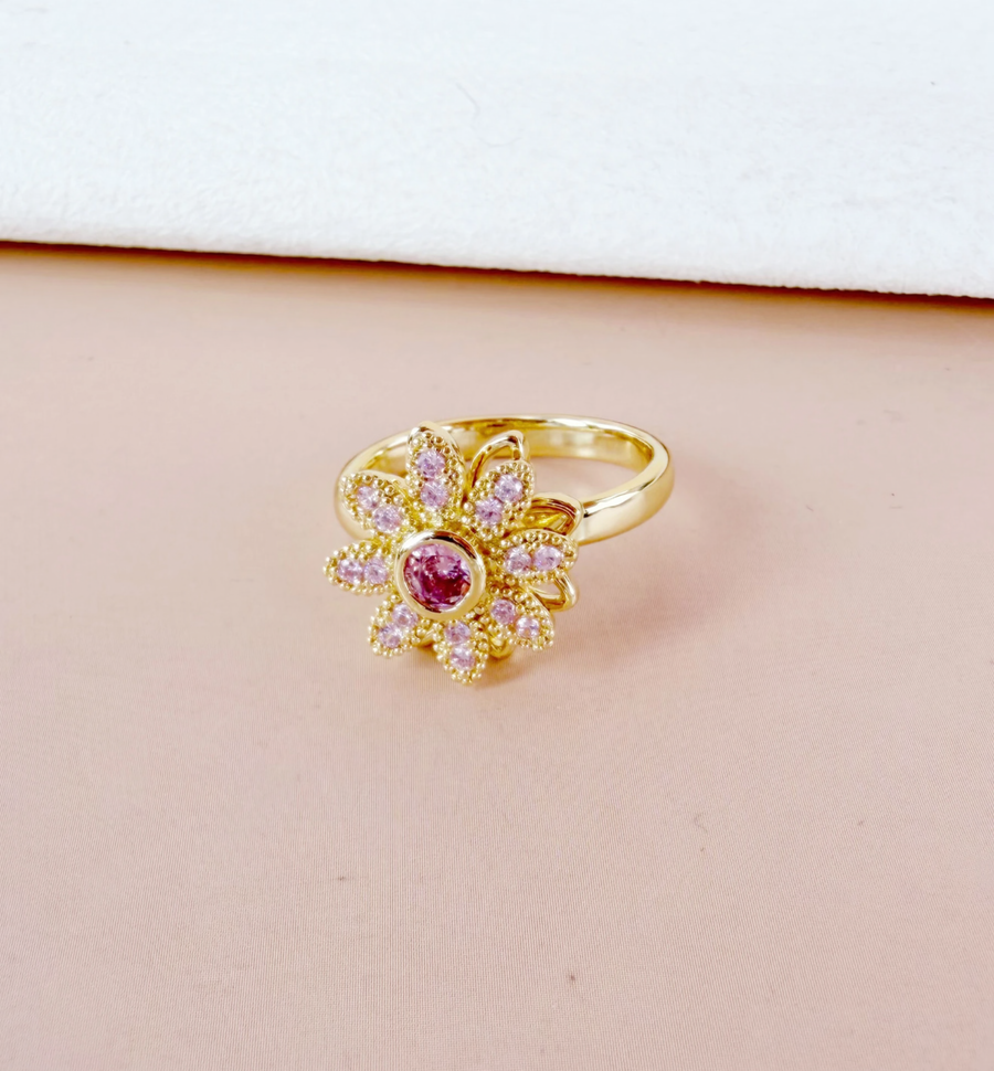Bague anti-stress soleil rose strass