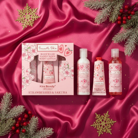 🌸 Coffret 3 pièces – Gel de bain, Lait pour le corps & Crème pour les mains – Fraise & Sakura – Kiss Beauty
