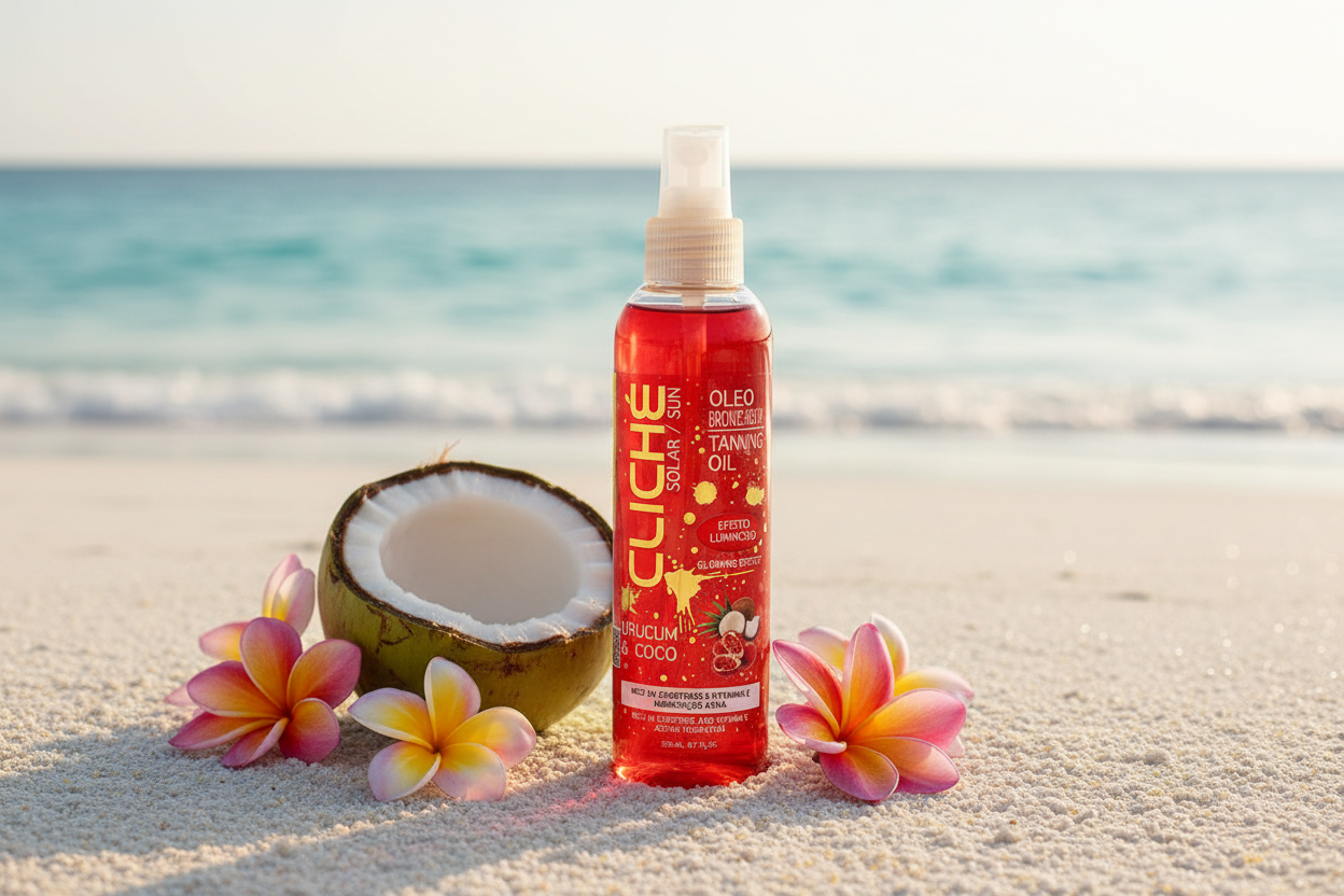 Huile de Bronzage pailletée Cliché - Urucum et noix de coco