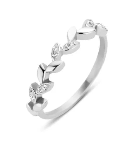 Bague argentée avec motif feuilles et pierres