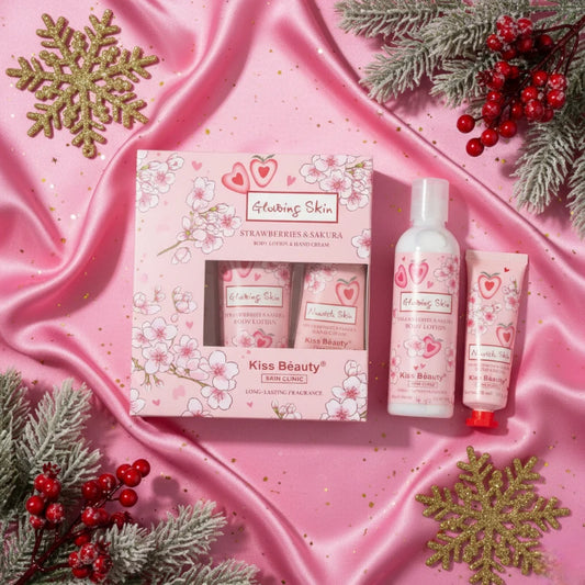 🌸 Lotion pour le corps & Crème pour les mains – Fraise & Sakura – Kiss Beauty