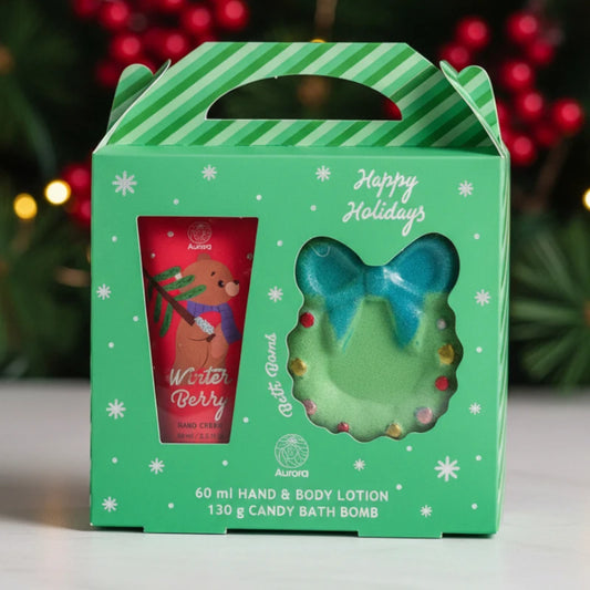 Coffret Cadeau Aurora – Winter Berry (Lotion Mains & Corps 60 ml + Bombe de Bain 130 g)